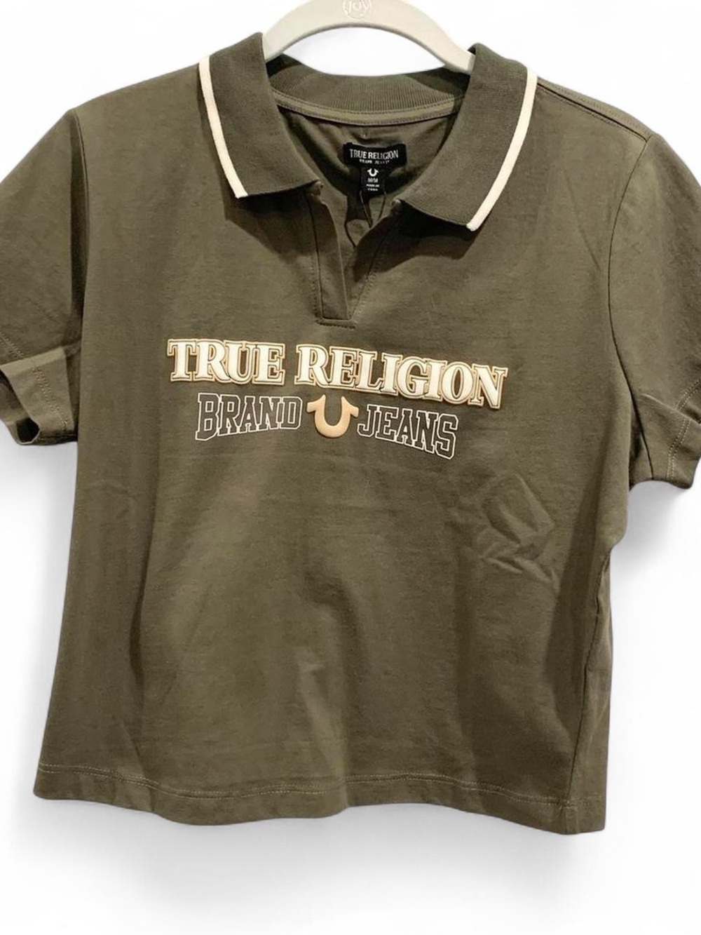 True Religion Olive Green Women’s Cropped Polo with Cream Trim and Chest Logo